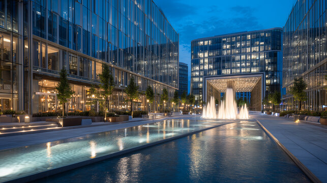 Illuminated fountain in an urban landscape surrounded by modern buildings and a reflective pool area