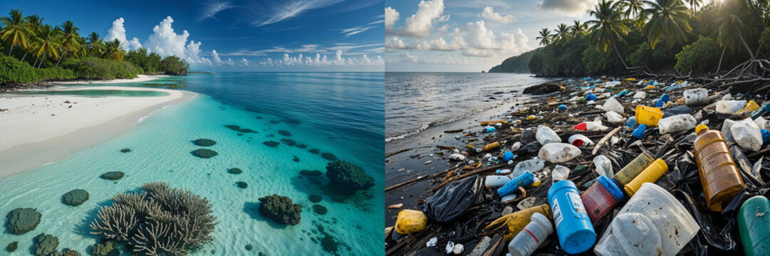 Contrast of pristine tropical beach versus polluted coastline with plastic waste