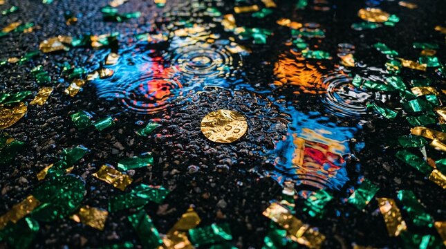 Close-up of a gold coin in a wet street puddle reflecting vibrant neon city lights and scattered with party confetti.