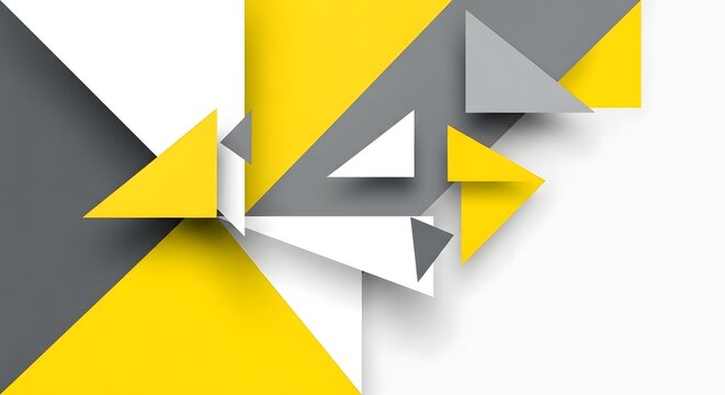 Triangles in yellow, grey, and white create a geometric abstract pattern on a clean background.
