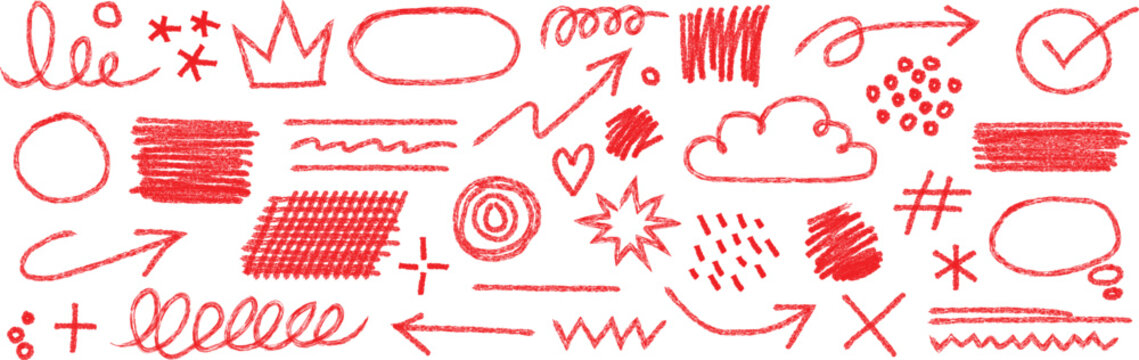 Comprehensive collection of red hand drawn doodle including shapes, arrows, hearts, and textures isolated on a white background set