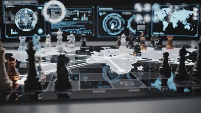 Chess game on a board with data screens displaying world map technology