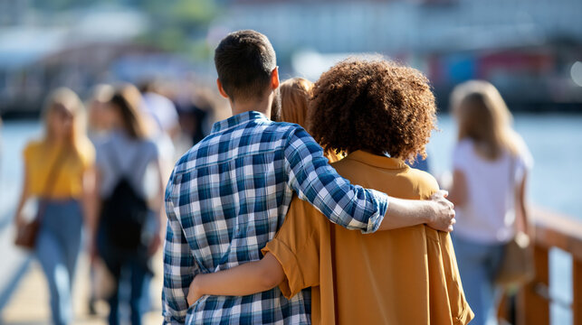 Faceless happy young man with arm around women walking at promenade, arm-around gesture, mixed group walking, waterfront stroll, physical closeness, with copy space