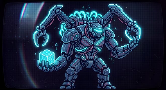 A bulky pixel art mech robot holding a glowing blue energy cube, featuring heavy armor and mechanical back claws on a vintage dark screen background.