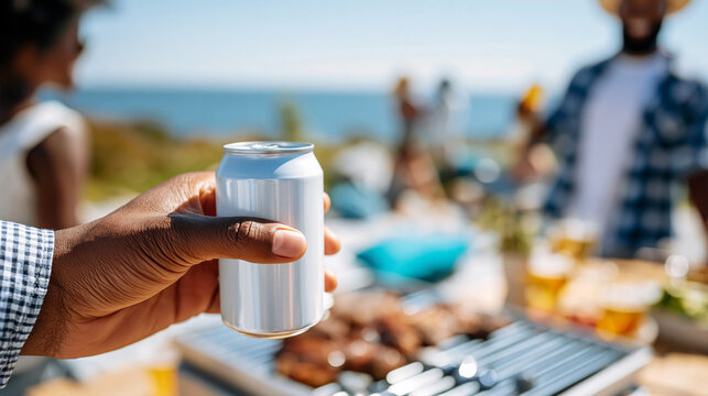 Close-up of a stylish white beer can in hand at a beach BBQ, beach BBQ concept, beer can in hand photography, casual outdoor visualization, defocused background, with copy space