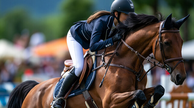 Young equestrian girl jumping over barrier on show jumping course, competitive equestrian sports event, athletic performance, obstacle course, professional riding competition,