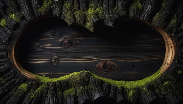 Wooden log hollow cutout frame surrounded by fresh green moss