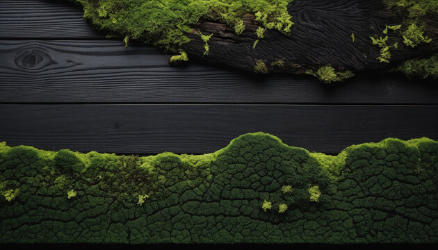 Dark burnt wooden board background decorated with green moss border