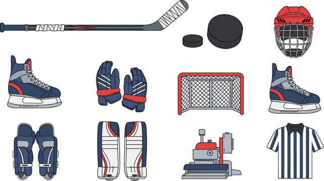 Ice Hockey Sport Equipment Icon Set with Stick, Puck, Helmet, Skates, Gloves, Goal, Pads, Zamboni and Referee Jersey on White Background