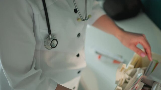 Medical practitioner methodically setting up first aid supplies thoroughly. Female physician systematically organizing essential emergency medical tools and supplies on examination table