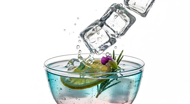 Ice cubes splashing into a refreshing gin cocktail with lemon and rosemary, isolated on white background