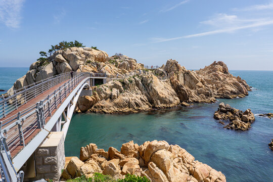 Ulsan, South Korea, April 18, 2026: Ulsan Daewangam Park with a Forest Trail Leading to Coastal Red Rock Formations, Iron Bridge, Observation Tower  울산 대왕암 대암교 공원
