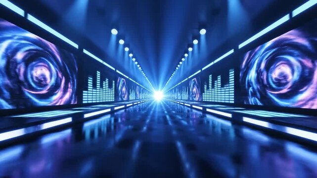 Abstract futuristic tunnel with digital audio visualizers and blue neon lights