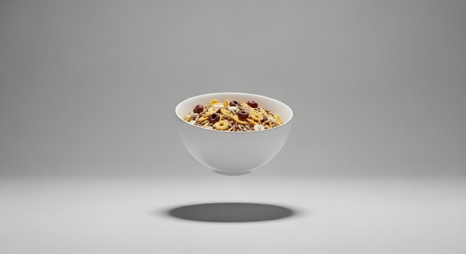 A white bowl of cereal with dried fruit and nuts, isolated on a white background