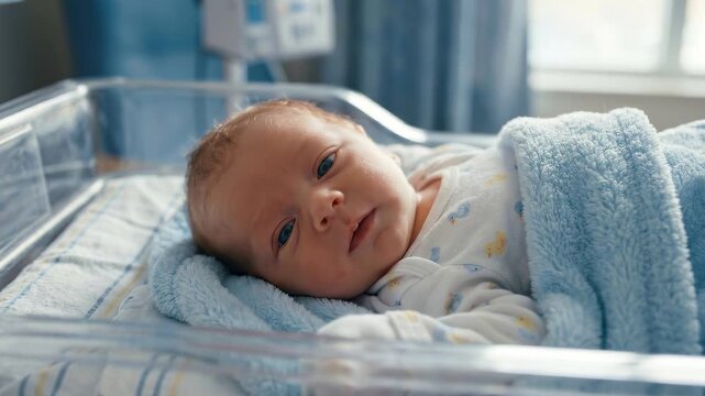 Newborn baby lying awake in plastic bassinet in maternity hospital ward under blue blanket