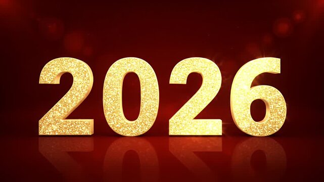 Golden 2026 Numerals Shimmering on Red Background Animation for New Year Celebration or Corporate Event Branding 170