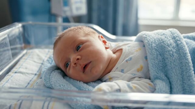 Newborn baby boy lying awake in hospital bassinet covered with blue blanket
