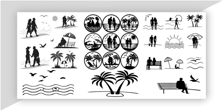 A collage of nine vector silhouettes depicting couples on a beach setting. Each silhouette is in a flat, monochrome style, emphasizing forms without detail. The couples consist of both heterosexual an