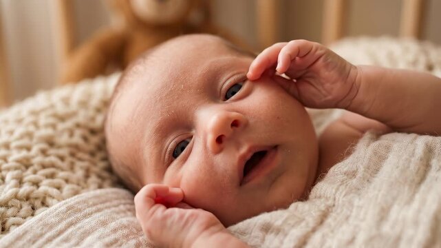 Close up of newborn baby moving tiny hands while resting on beige knitted blanket