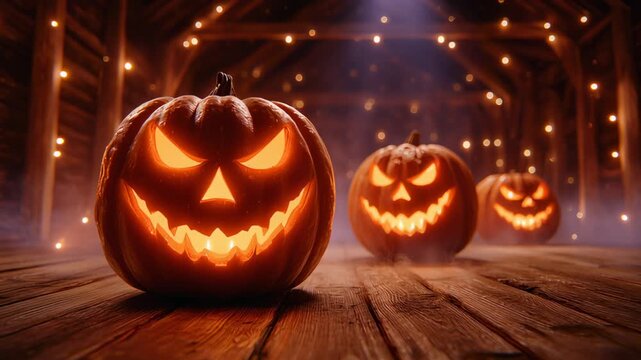 Carved pumpkins with sinister grins glow in dimly lit barn filled with autumn decor. Warm light from hanging decorations enhances Halloween spirit