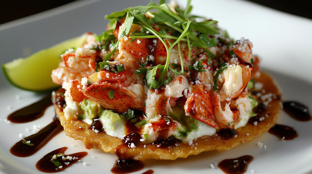 Close-up of gourmet lobster tostada with microgreens and lime wedge on dark background