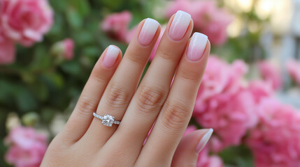 Fototapeta premium Close-up of Female Hand with Engagement Ring and Blurred Pink Flowers Background