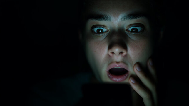 Shocked woman looking at screen in dark room illuminated by blue light