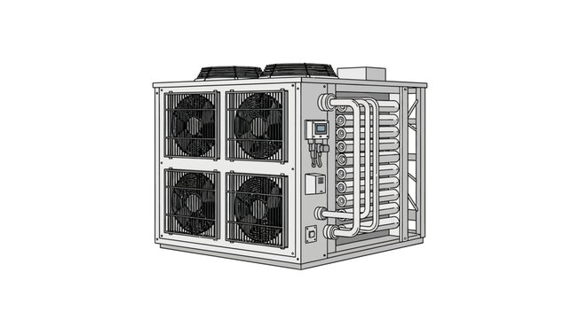 Industrial air cooled chiller unit vector illustration of HVAC system outdoor condensing heat pump with fans and heat exchanger pipes