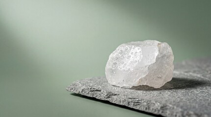 Fototapeta premium Natural Alum Mineral Deodorant Stone Glistening on Minimalist Stone Platform for Eco-Friendly Brand Banner