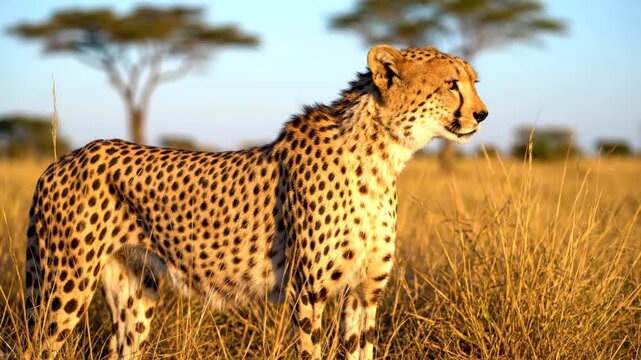 Cheetah stands alert in golden grass with clear blue sky above. Vibrant savannah setting captures essence of wild Africa. Concept of wildlife photography, nature conservation, safari adventures