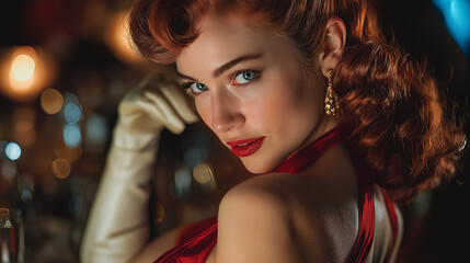 Fototapeta premium Elegant red-haired woman in evening gown with glamorous vintage style lighting