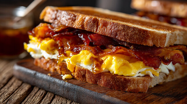Close-up of a delicious bacon and scrambled egg sandwich on toasted bread
