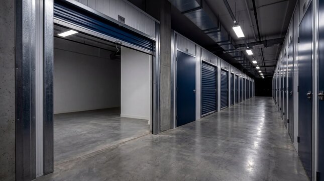 Empty Modern Storage Unit with Open Door in Climate Controlled Facility for Commercial Banner