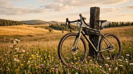 Naklejka premium Modern Gravel Bicycle Resting on Wooden Fence in Golden Hour Meadow for Outdoor Adventure Banner