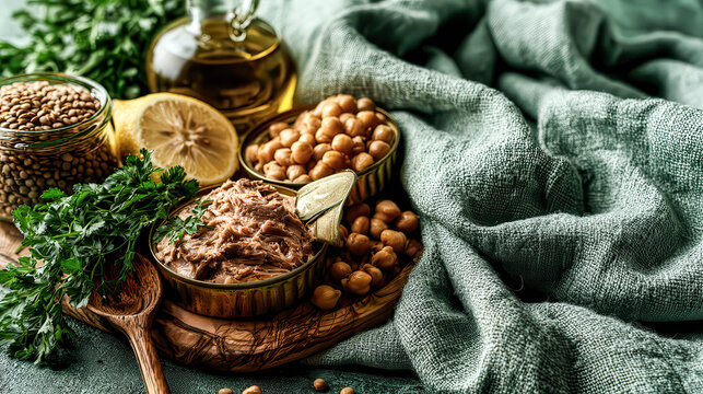 Fresh hummus with chickpeas, parsley, lemon, and olive oil. Green blanket wraps rustic wooden platter. Rich textures, warm tones, inviting meal scene. Ideal for healthy eating, cooking