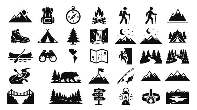 Black camping icons on white background.