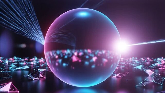 Abstract 3 d sphere with light beams and geometric shapes composition