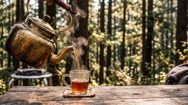 Traditional Brass Kettle Pouring Hot Tea in Himachali Pine Forest for Travel and Hospitality Banner