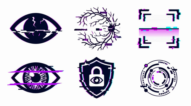 Set of digital security and surveillance icons with glitch effect featuring eyes and shields in a modern minimalist vector illustration style on white background