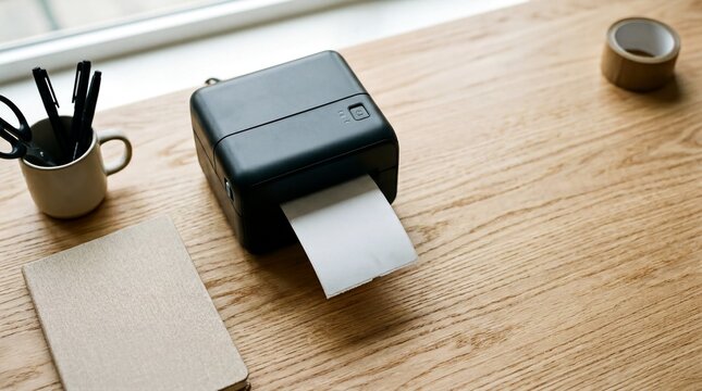 Modern Desktop Label Printer on Creative Studio Workspace for E-commerce Website Hero Banner
