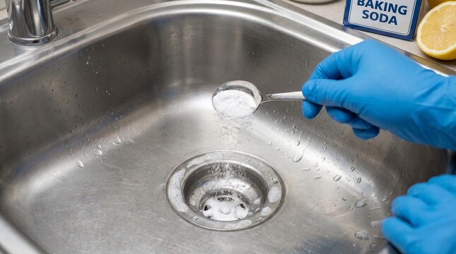 Eco-friendly home cleaning concept. Hand in blue protective glove pouring baking soda from a spoon into a stainless steel kitchen sink drain to unclog and deodorize it