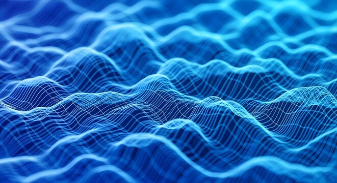 Abstract glowing blue wireframe grid wave pattern showing complex digital data flow with depth of field and soft lighting effects