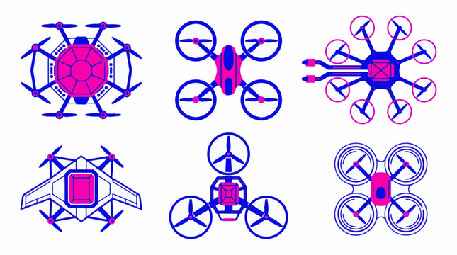 Set of six different drone designs in a flat vector illustration style