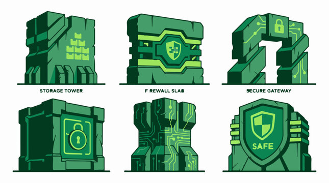 Set of six digital security icons featuring stone structures with circuit board patterns and shield lock symbols in a flat vector illustration style