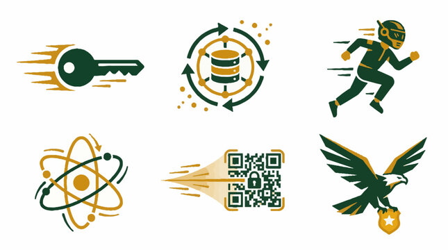Set of six flat vector icons featuring a key database cycle runner atom QR code and eagle with shield in a minimalist green and gold color palette