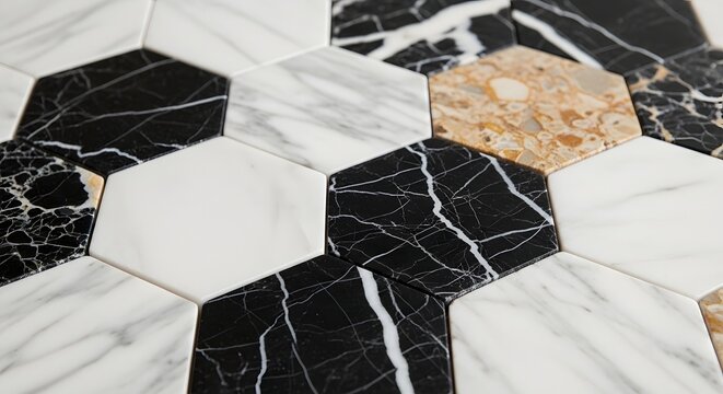 Marble tiles arranged in a hexagonal pattern create a classic and elegant surface for modern interior design applications.