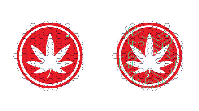 Red circular emblem with white cannabis leaf at center. Geometric honeycomb pattern frames the design. Bold red background creates strong contrast. Perfect for modern branding or design projects