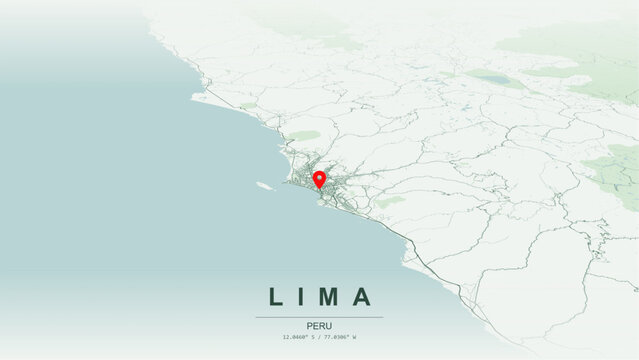 Modern minimalist vector map of Lima, Peru. High-quality scalable illustration of Lima city grid, Costa Verde coastal cliff axis, Miraflores and San Isidro districts for posters and design.