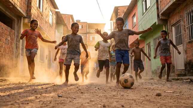 Children Playing Soccer in a Favelas Street: Young boys energetically chase a soccer ball down a dusty, sun-drenched street lined with colorful, weathered buildings.