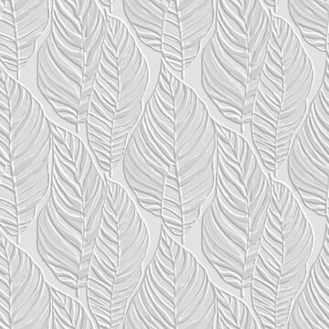 Light grey 3D embossed seamless pattern with banana leaves texture. Elegant tropical bas-relief emboss background, modern monochrome botanical wallpaper with embossing effect.